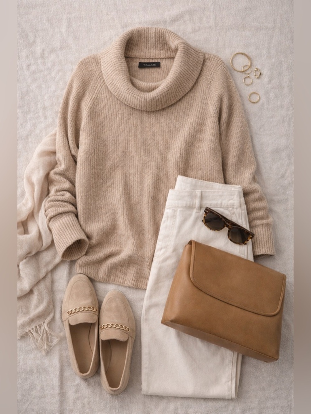 TAHARI Merino Wool Blend Cowl Neck Sweater Sz L Beige Tan Ribbed Cozy Luxe Knit - Picture 5 of 15